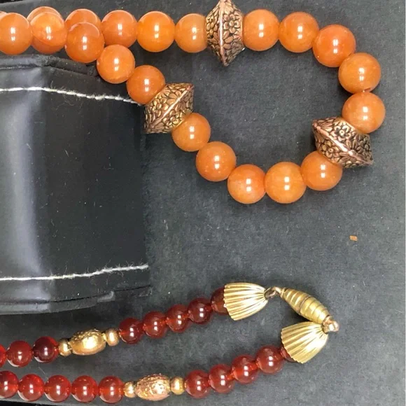 🔴SOLD🔴Graduating Antique Gold Garnet Orange Aventurine Boho Necklace by JM - Picture 7 of 11